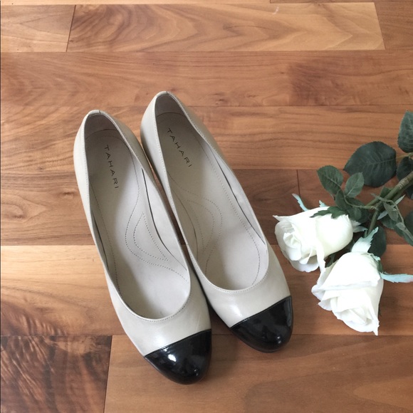 Tahari Cream beige real leather shoes black patent capped toe platform US 10 - Picture 10 of 13